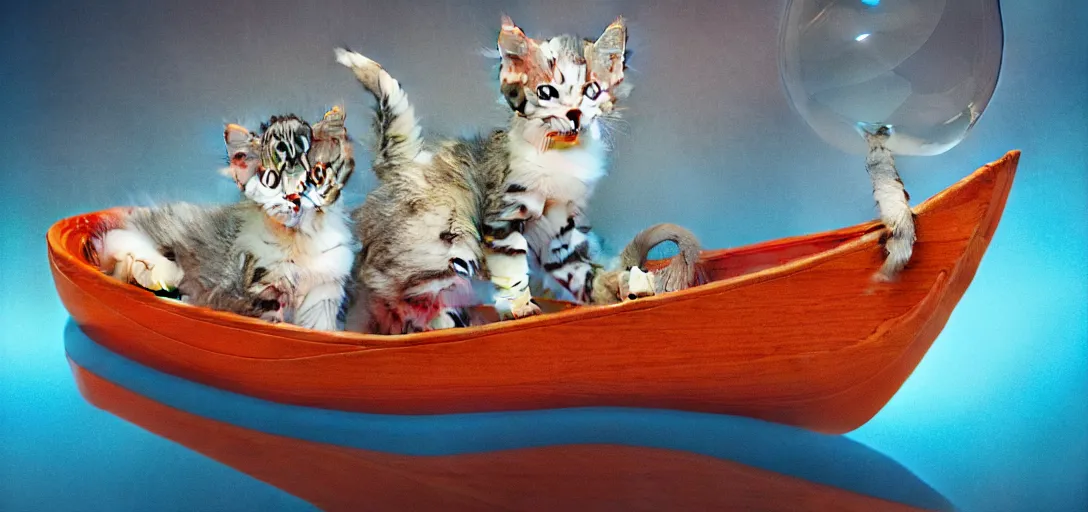 Prompt: a kitten in a boat, translucent and hyperrealistic and ultra - detailed in the style of roger dean, jin kagetsu, james jean, chris cunninham, hans bellmer and wlop, bloom, glow, reflection, refraction, matte, glossy, smooth, emissive material