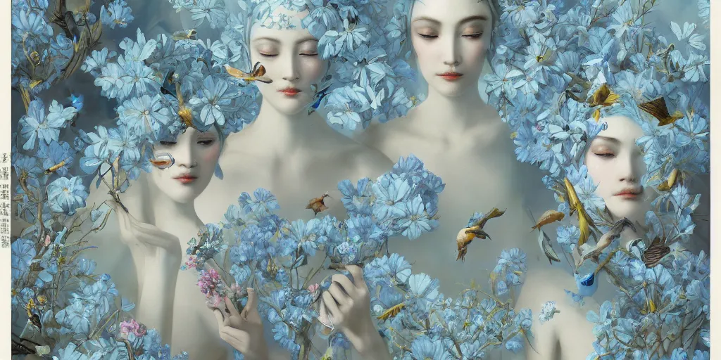 Image similar to breathtaking detailed concept art painting art deco pattern of faces goddesses amalmation light - blue flowers with anxious piercing eyes and blend of flowers and birds, by hsiao - ron cheng and john james audubon, bizarre compositions, exquisite detail, extremely moody lighting, 8 k