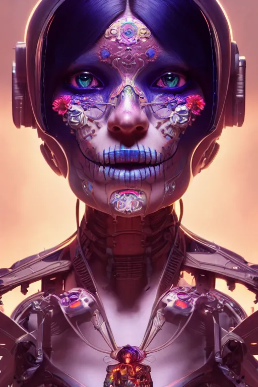 Image similar to ultra detailed, female android, scifi, fantasy, octane render, ( dia de los muertos, triadic color scheme, asymmetrical, intricate detailed, global illumination, concept art, art by michael welan and rossdraws and artgerm and greg rutkowski and alphonse mucha and loish and wlop. 8 k, hdr