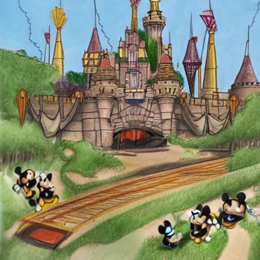 Prompt: a realistic drawing of an abandon Disney land