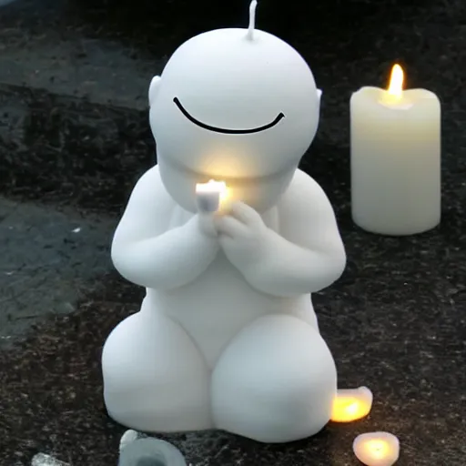 Prompt: a white marble statue of reddit snoo surrounded by lit candles