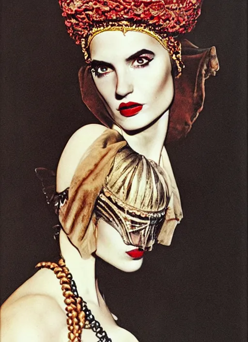 Image similar to portrait of young woman in renaissance dress and renaissance headdress, art by helmut newton