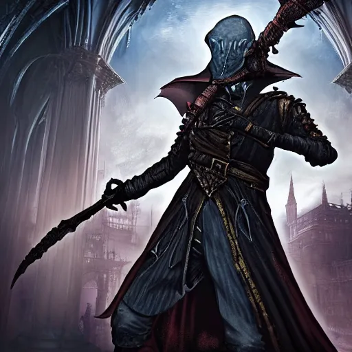 Prompt: Magic the gathering card of Male Victorian Gothic Ninja, with text, hd, intricate, bloodborne, 8k, digital art