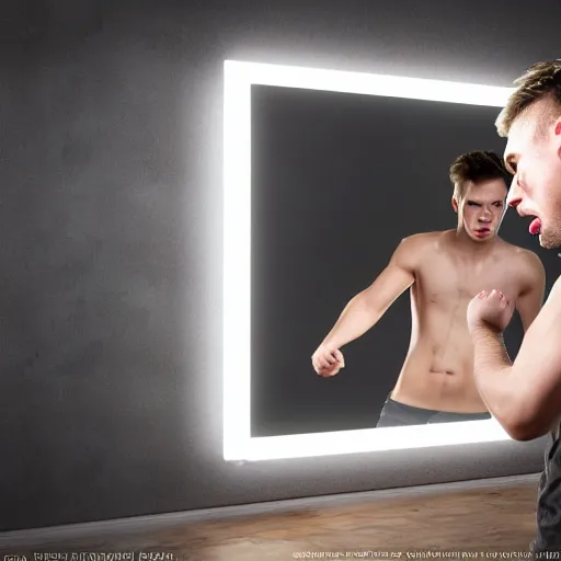 Prompt: professional photographic image of young angry man trying to fight to himself in the mirror, studio shot, dynamic lighting, high definition, highly detailed, photo-realistic, unreal engine render, 16k