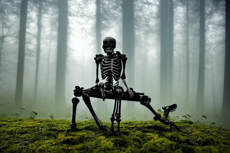Image similar to a burning with fire human skeleton sitting behind computer, overgrown with moss, in foggy forest, at night with moon, dark atmosphere, by carus carl gustav