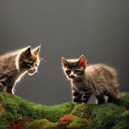 Image similar to many kittens dramatic lighting cinematic establishing shot 4k ultra volumetric fog trees in background