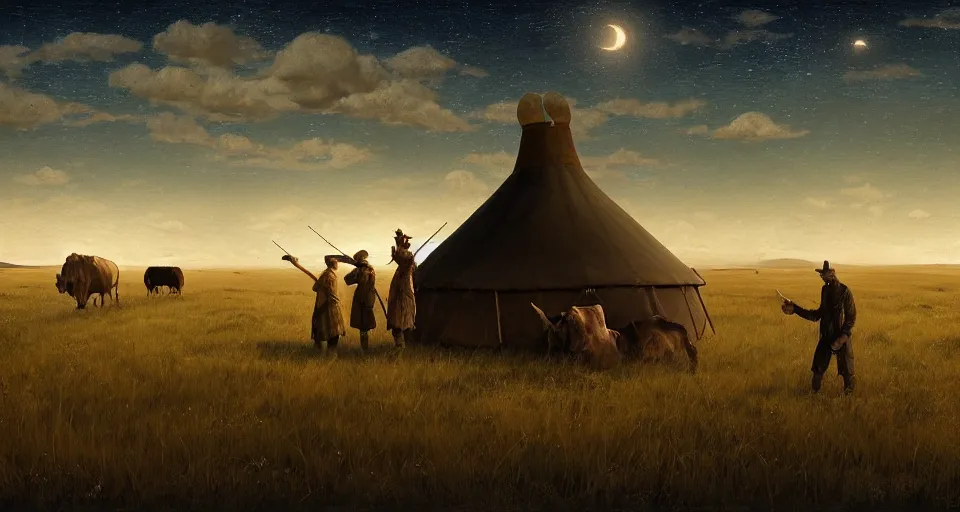 Image similar to deep night, stars shining, a yurt, a bull, in the steppe, summer field, from the game pathologic 2, highly detailed, sharp focus, matte painting, by isaac levitan and asher brown durand,