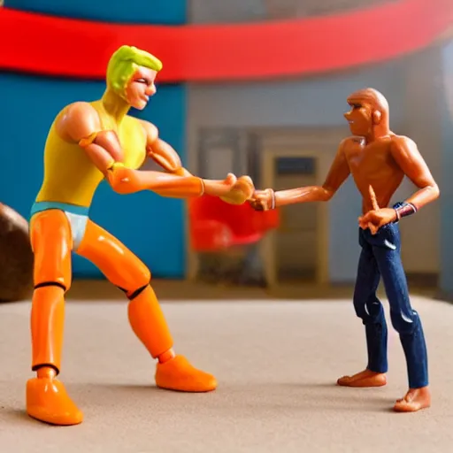 Image similar to toy called Stretch Armstrong fighting an Indian man, life size, fighting a small Indian man, golden hour, award winning,