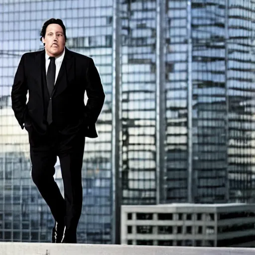 Image similar to Clean-shaven Jon Favreau as Happy Hogan wearing a black suit and black necktie and black dress shoes is climbing up a tall building in an urban city.