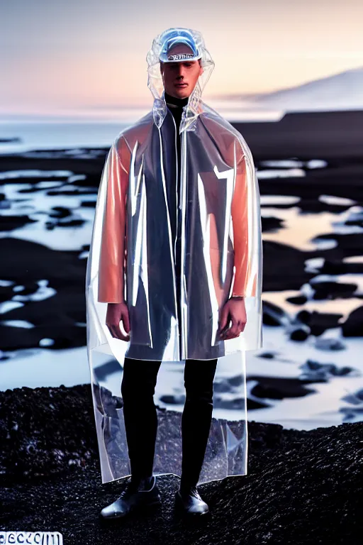 Image similar to an ultra high definition professional high fashion portrait studio full length photograph of a male model wearing a transparent pearlescent raincoat and neon visor in an icelandic black rock environment at dawn. no artefacts. extremely detailed. stark. refraction. shallow depth of field. volumetric light and shadow. ray tracing. light rays.