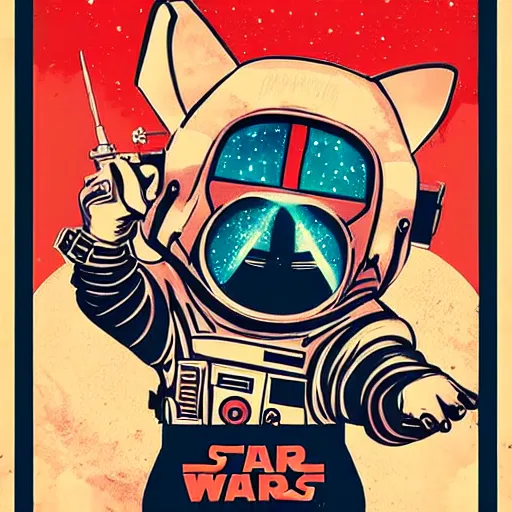 Prompt: a heroic corgi cosmonaut, art deco, vintage, poster, star wars, colorful, highly detailed illustration, cinematic