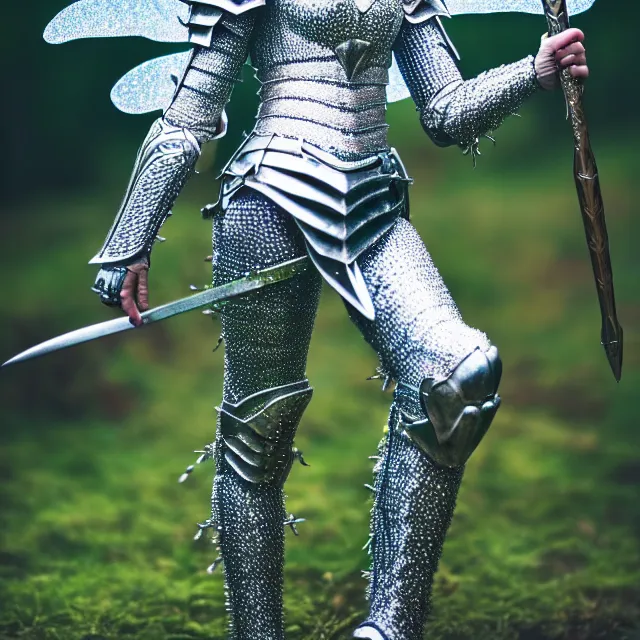 Image similar to full body photo of a fairy warrior wearing sparkly armour, highly detailed, 4 k, hdr, smooth, sharp focus, high resolution, award - winning photo