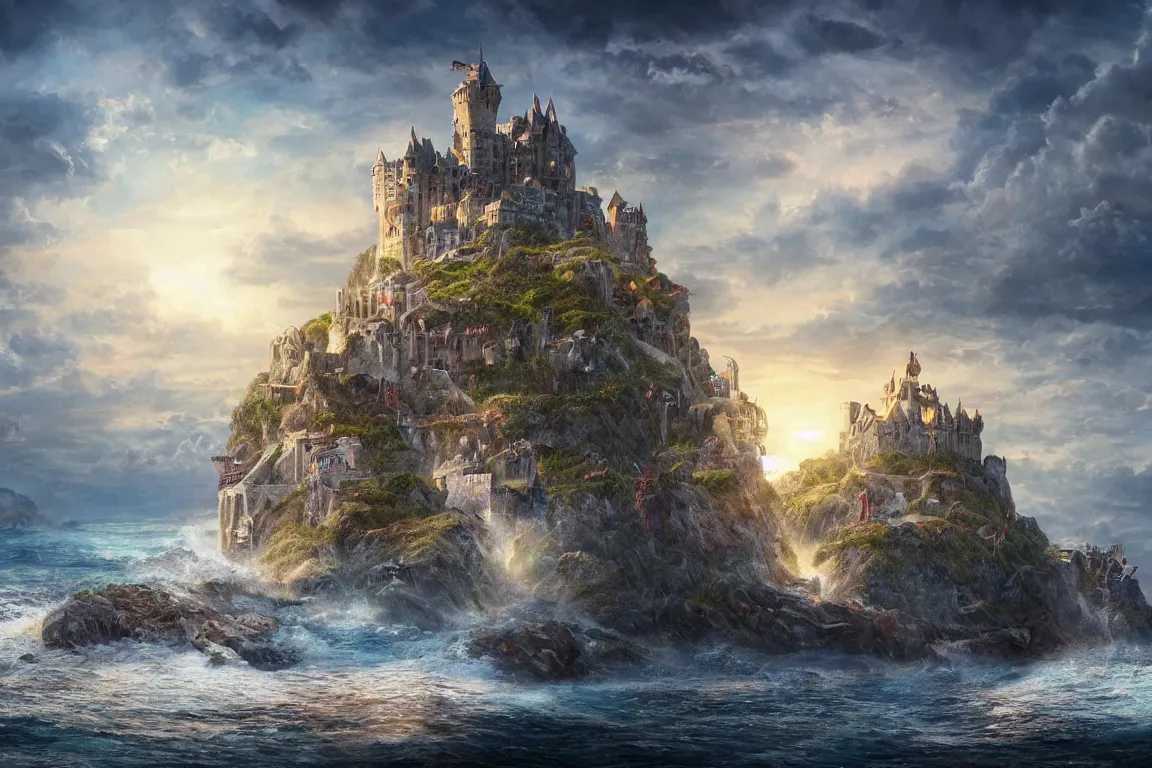 Image similar to an epic fantastic realism painting of a castle city being devoured by the ocean, 8 k, ultra realistic, lens flare, atmosphere, glow, detailed, intricate, full of colour, cinematic lighting, trending on artstation, 4 k, hyperrealistic, focused, extreme details, unreal engine 5, cinematic, masterpiece