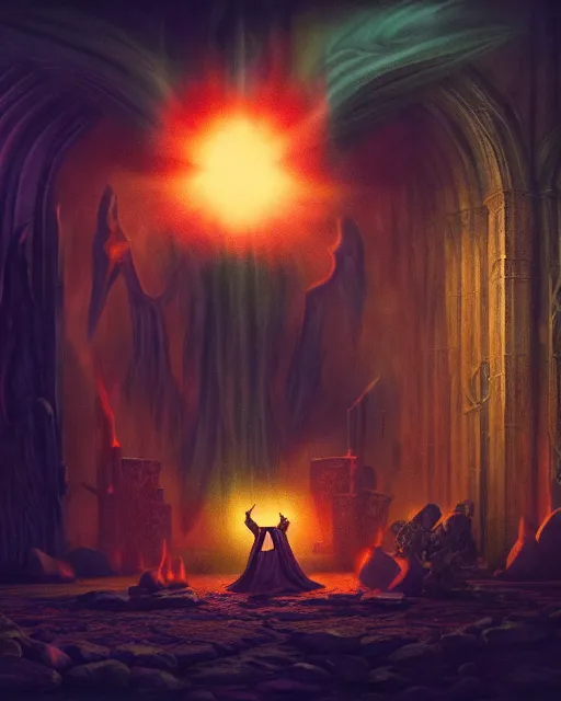Prompt: matte painting of mage summoning a demon in the middle of dark room, vibrant colors, gothic, horror, high production value, intricate details, high resolution, hdr, high definition, masterpiece, realistic, ultrarealistic, highly detailed, hd, sharp focus, non blurry, sharp, smooth