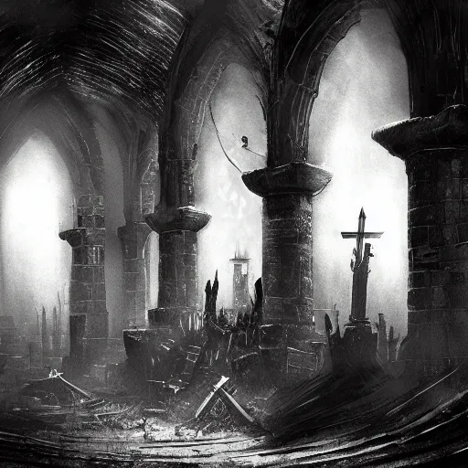 Prompt: reliquary, trench crusade, dark souls, b & w, concept art