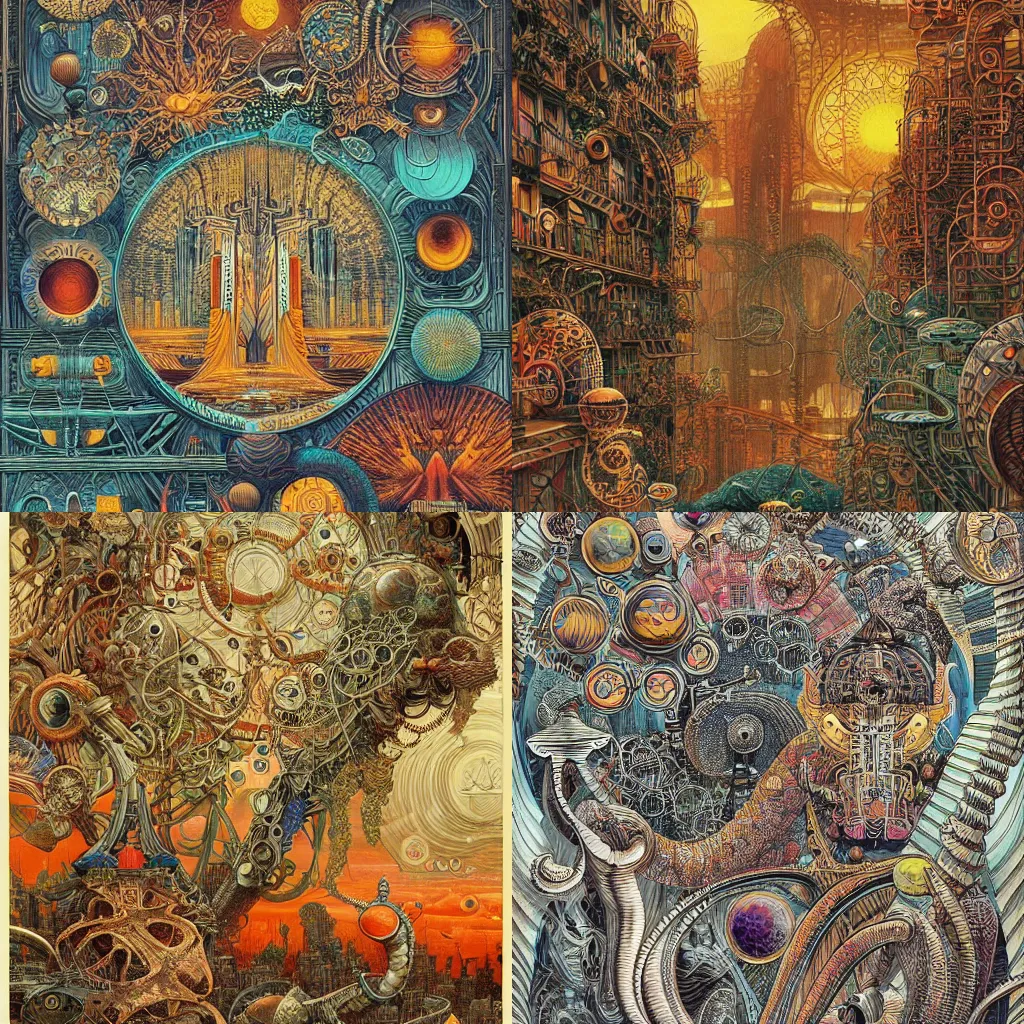 Prompt: warm colors, future cityscape by Joe Fenton and Ernst Haeckel