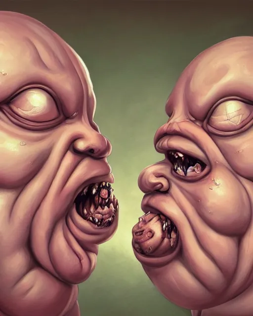 Prompt: Two-headed portrait Painting of a chubby fat EXTRATERRESTRIAL creature with big bulging eyes, white milky eyes, eyeballs, two heads, flabby skin, excess skin hanging from cheeks, straw-like beard growing from face, disgusting, creepy, unsettling, horror, upper body, intricate, wild, highly detailed, digital painting, artstation, concept art, smooth, sharp focus, illustration, art by artgerm and greg rutkowski and alphonse mucha