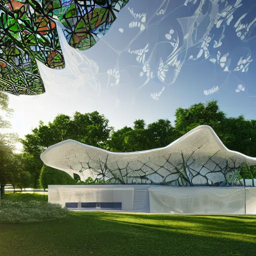 Image similar to evolving fractal, flowing white architectural Villa, futuristic 3D, voronoi pattern pavilion with magnolias on the roof, perforated shaders, sunrays through the pavilion structure, lush botanical trees, prairie landscaping, sunrise, golden hour, illuminated pool, fluffy clouds