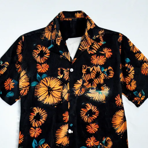 Prompt: photo portrait of a black cat wearing a vintage aloha shirt, highly detailed, 8 k,