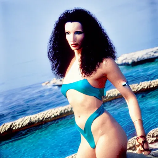 Image similar to a portrait of an sttng star trek klingon woman on holiday at risa, swimsuit, supermodel, model, star trek, photography, instagram, holiday, beach, the next generation, sttng, high quality, sharp, cait miers, michael hoppen, qapla