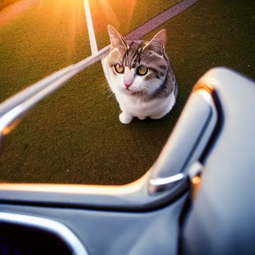 Image similar to cat sitting in driver seat of a cabriolet, golden hour, top view, car chase, golden ratio