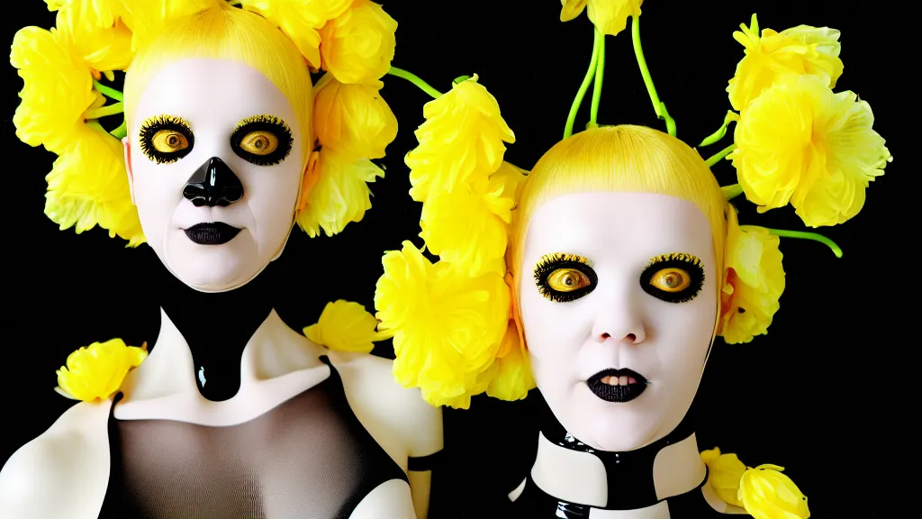 Image similar to symmetrical close - up portrait of a woman wearing a translucent silicone beauty mask and yellow hair, wearing a black bodysuit by alexander mcqueen, plastic translucent flowers, black background, soft diffused light, biotechnology, humanoide robot, bjork aesthetic, translucent, intricate details, highly detailed, masterpiece,