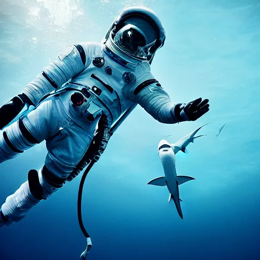 Prompt: an astronaut riding a shark underwater