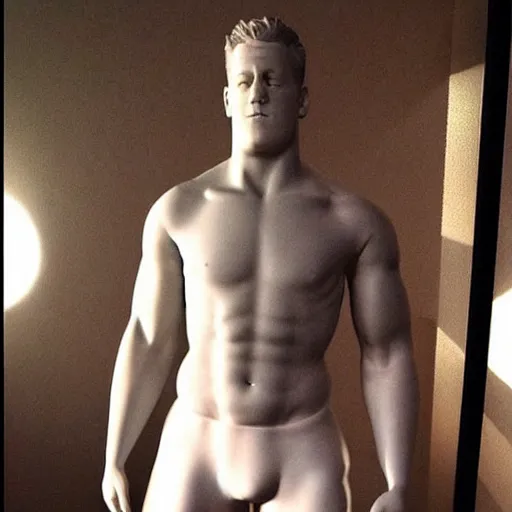 Image similar to “a realistic detailed photo of a guy who is an attractive humanoid who is half robot and half humanoid, who is a male android, JJ Watt, shiny skin, posing like a statue, blank stare”
