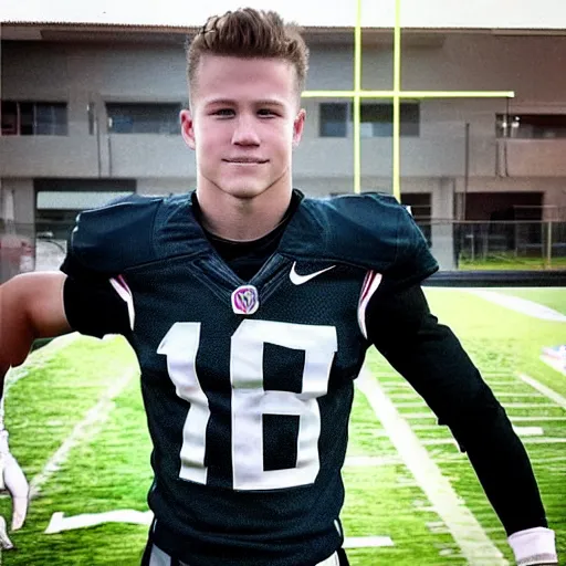 Image similar to “ a realistic detailed photo of a guy who is an attractive humanoid who is half robot and half humanoid, who is a male android, football player christian mccaffrey, shiny skin, posing like a statue, blank stare, on the field, on display ”