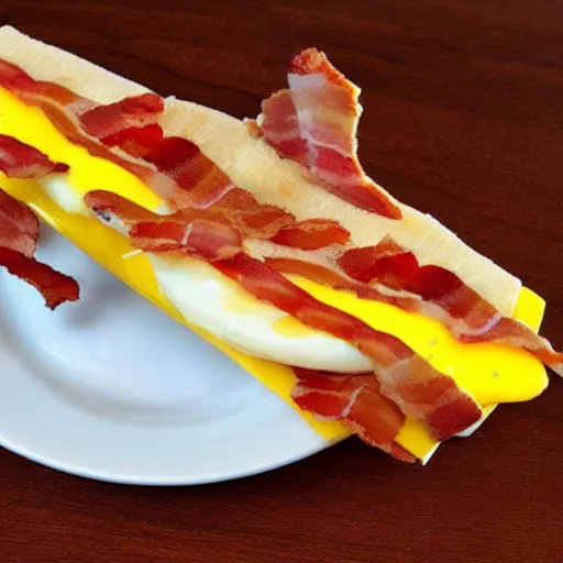 Prompt: airplanes made out of bacon, egg, and cheese
