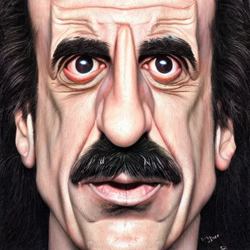 Image similar to Caricature portraits done of Frank Zappa, realistic, hyperrealistic, very realistic, highly detailed, very detailed, extremely detailed, detailed, oil painting, digital art, trending on artstation