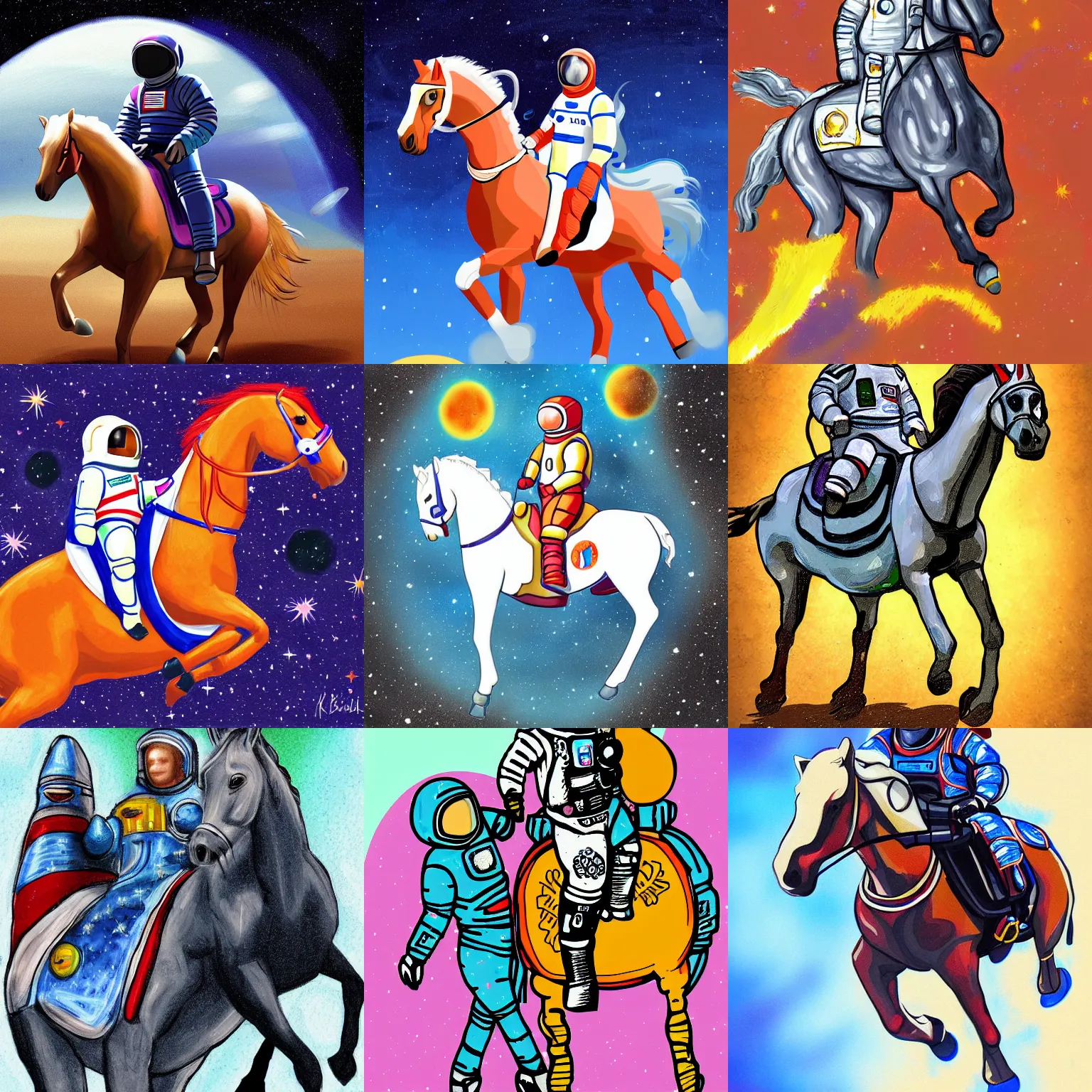 Prompt: horse in a spacesuit riding another horse in spacesuit. digital painting by kirby