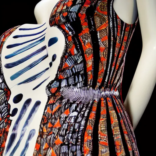 Image similar to close up of dress with print of a female body, in year 3000, catwalk, highly detailed