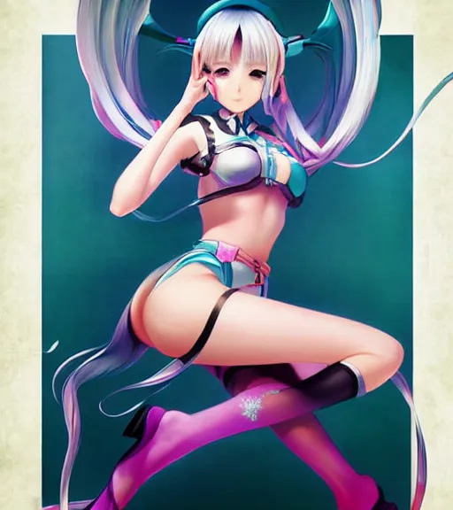 Image similar to Anime art of beautiful Hatsune miku with beautifel legs by artgerm, rossdraws, magali villeneuve, Gil Elvgren, Alberto Vargas, Earl Moran, Art Frahm, Enoch Bolles, symmetrical shoulders