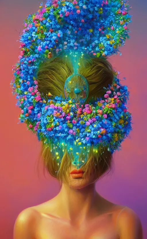 Image similar to a beautiful oil painting hyperrealism of a beautiful woman, flowers, floral headdress, 8 k resolution, octane render, trending on artstation, by gediminas pranckevicius, volumetric light 2 blue fractal thunder glow by dan mumford, anaglyph effect, laurie lipton