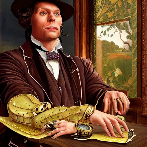 Prompt: anthropomorphic gentleman frog wearing a cravat and hand watches portrait in the museum, highly detailed, sharp focus, digital painting, artwork by Victor Adame Minguez + Yuumei + Tom Lovell + Sandro Botticelli