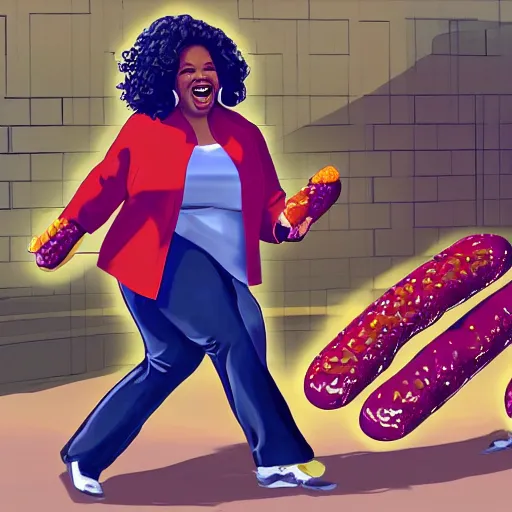 Image similar to security cam footage of oprah winfrey doing a kickflip while eating a huge hotdog by stuart brown and greg rutowski artstation