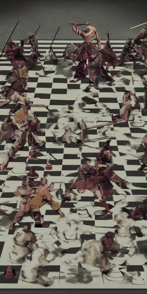 Prompt: a photo of samurai fighting on a giant futuristic chess board. cinematic