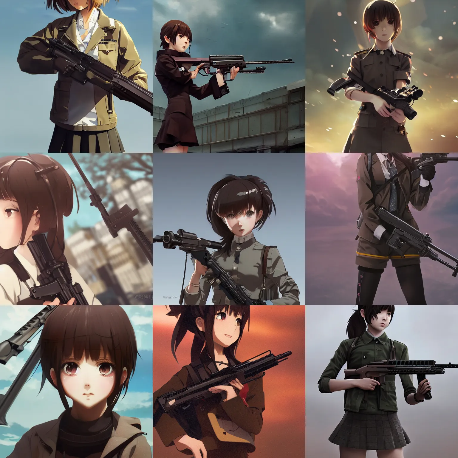 Image similar to worksafe. insanely detailed. by wlop, ilya kuvshinov, krenz cushart, greg rutkowski, pixiv. zbrush sculpt, octane, maya, houdini, vfx. closeup gorgeous attractive young cg anime teen kid schoolgirl holding rifle qbz - 1 9 1, in luxury advertisement. cinematic dramatic atmosphere, sharp focus, volumetric lighting