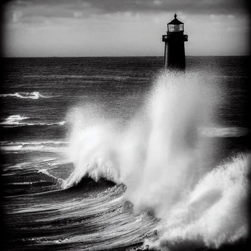 Prompt: lighthouse, ocean, two loons, crashing waves, light, black and white, tattoo art,