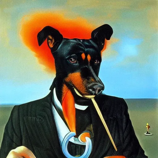 Image similar to oil painting by salvador dali of a rottweiler smoking a cigarette