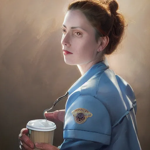 Image similar to an portrait of an female medic drinking coffee, detailed, centered, digital painting, artstation, concept art, donato giancola, Joseph Christian Leyendecker, WLOP, Boris Vallejo, Breathtaking, 8k resolution, extremely detailed, beautiful, establishing shot, artistic, hyperrealistic, beautiful face, octane render