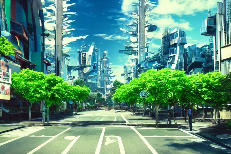 Image similar to a cinematic wideangle photograph of a utopian futuristic city street, green plants, blue sky, beautiful lighting, ultra realistic, movie still, futuristic utopia, ultra realistic