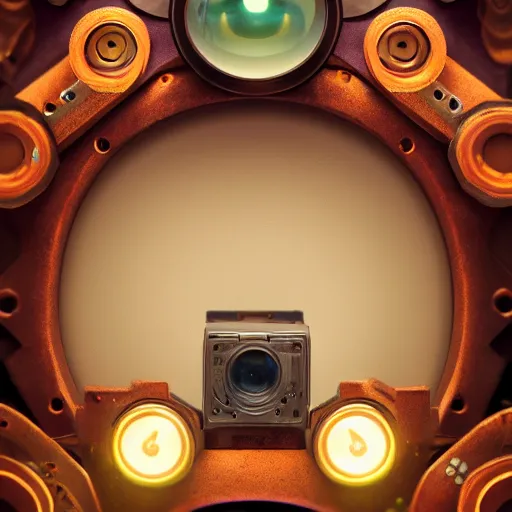 Prompt: cardboard camera, steampunk, extreme closeup, center frame, symmetric, rim light, bioluminescence, electric, soft, concept art, intricate details, highly detailed, colorful, photorealistic, disney pixar, octane render, iridescent, anime, 8 k