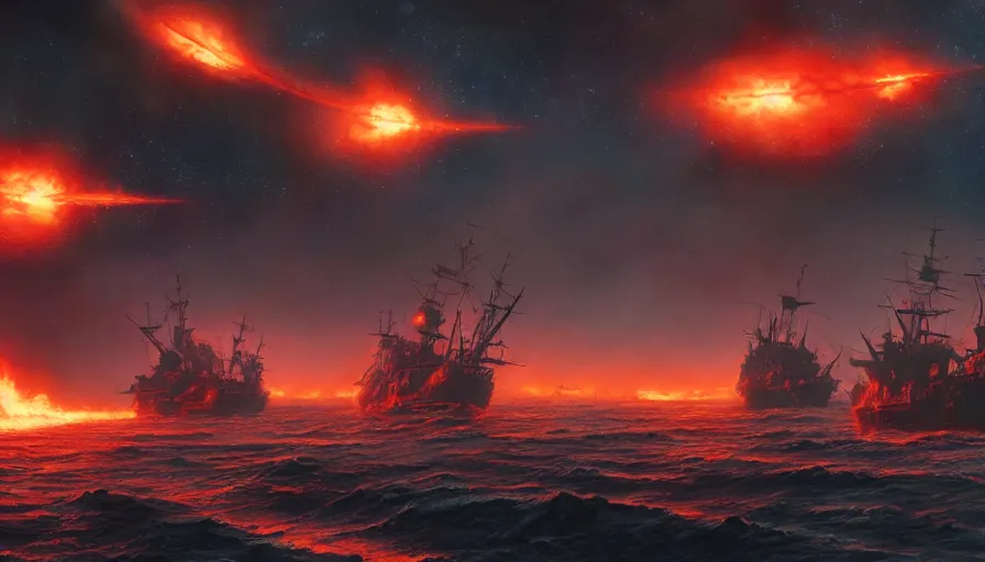 Prompt: a beautiful highly detailed matte painting of attackships on fire off the shoulder of orion featured on artstation, featured on behance, grunge aesthetic