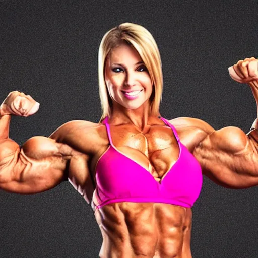 Prompt: female body builder with unrealistically big muscles in a bodybuilding pose