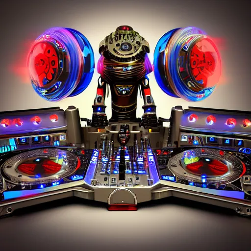 Image similar to album art, roborock, 3 steampunk spaced out robots on a dj desk with a cd mixer, 8 k, flourescent colors, halluzinogenic, multicolored, exaggerated detailed, front shot, 3 d render, octane