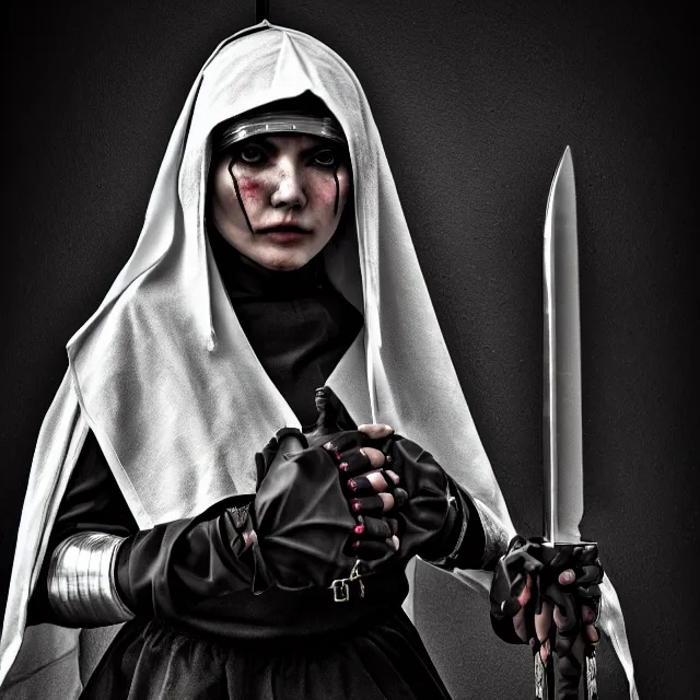 Image similar to photo of acyberpunk nun warrior highly detailed 8 k hdr smooth sharp focus high resolution award - winning photo