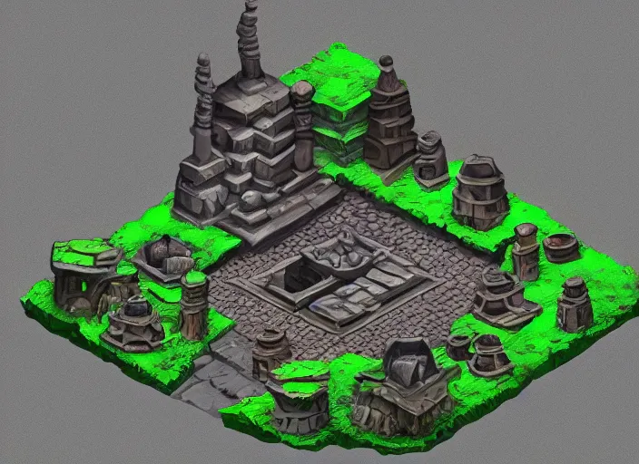 Image similar to An isometric render of an underground temple, barrels, torches, mossy, detailed, trending on Artstation