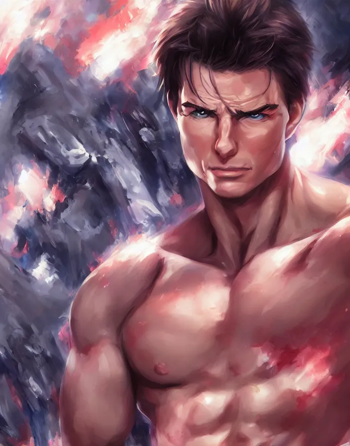 Image similar to anime portrait of tom cruise as a muscular anime boy by Stanley Artgerm Lau, WLOP, Rossdraws, James Jean, Andrei Riabovitchev, Marc Simonetti, and Sakimichan, trending on artstation